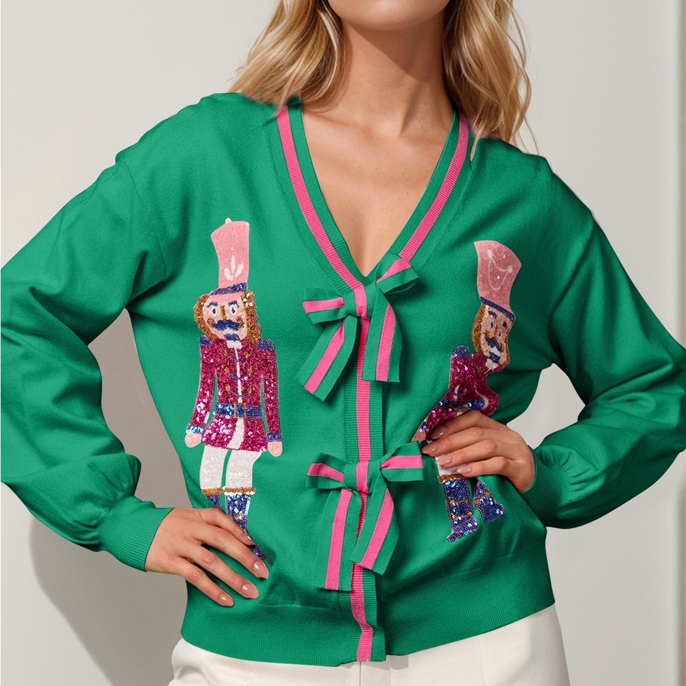 Double Take Full Size Nutcracker Sequin Bow Decor Cardigan
